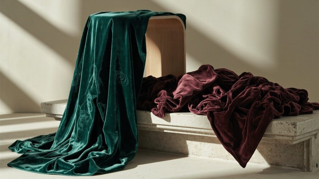Drapé sculptural de velours frappé jade et panne lie de vin froissé.