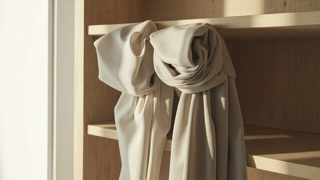 Drapés de soie et satin tombant d'une étagère, lumière latérale.