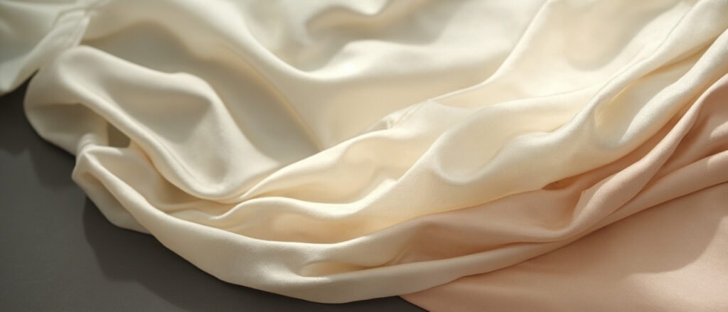 Drappé de satin ivoire et champagne sur fond sombre, lumière rasante.
