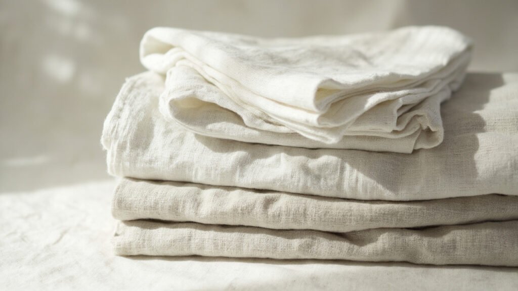 Draps de lin pliés dévoilant épaisseur et tramage dense.