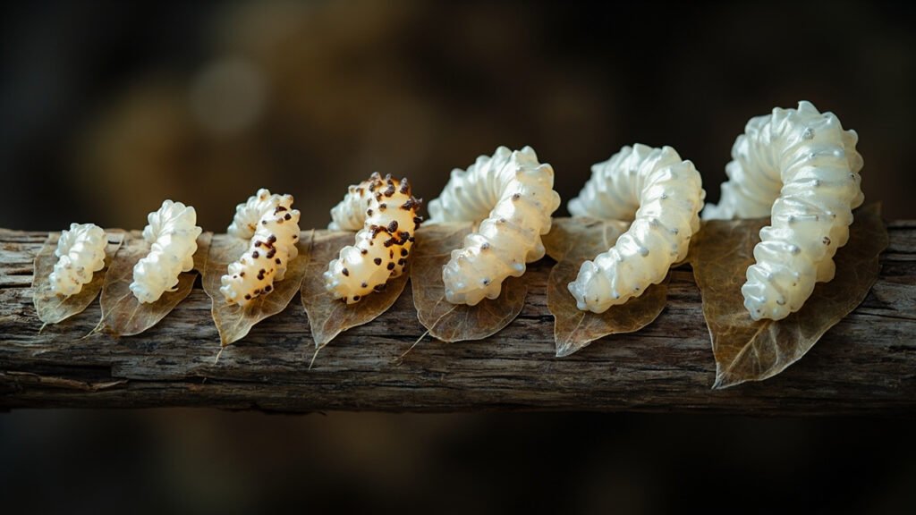 Du grain au cocon : œufs, vers et cocons alignés.