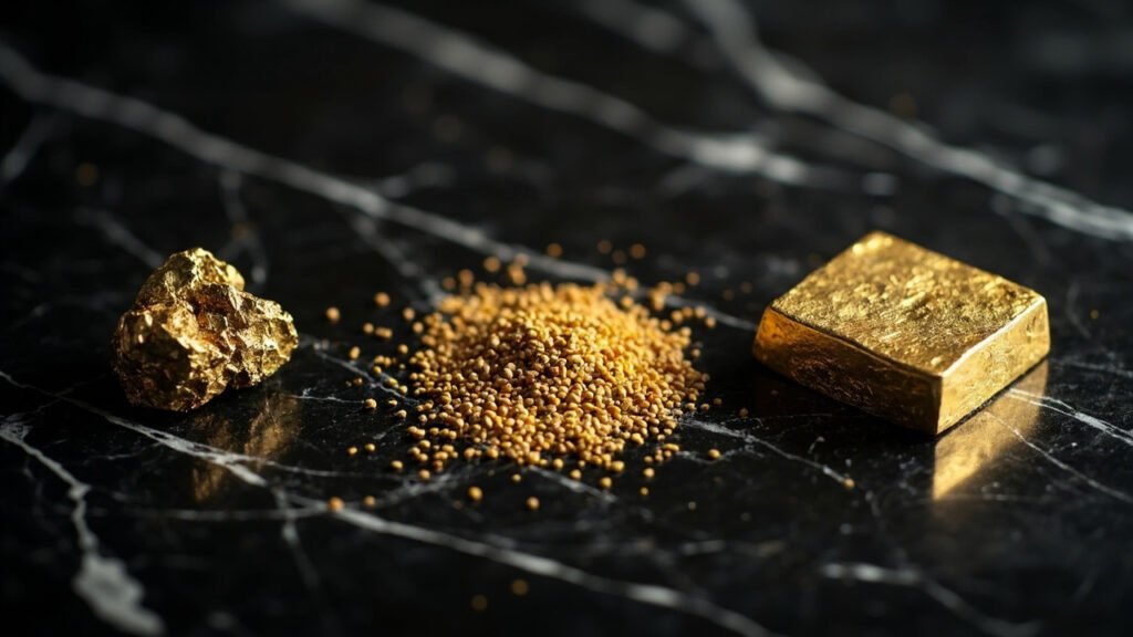 Du minerai brut aux granules puis au lingot poli sur marbre noir.