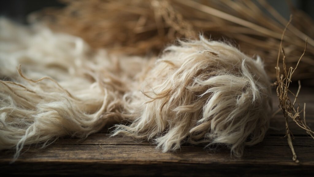 Duvet de cachemire brut étalé sur bois vieilli