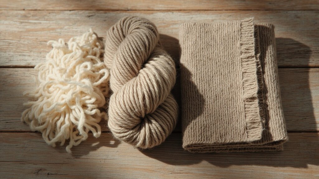 Duvet, fil torsadé et tissu sergé cachemire côte à côte.
