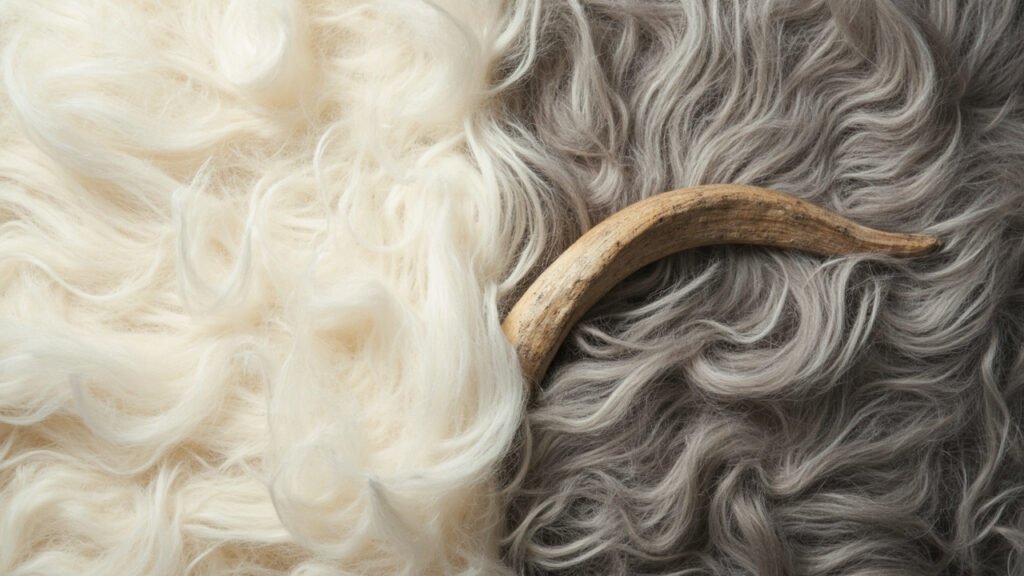 Duvet fin et jarres grossiers d'un cachemire brut, corne de chèvre.