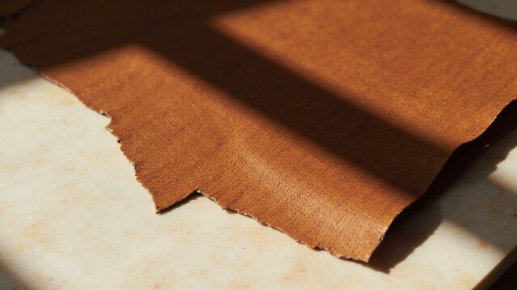 Échantillon de cuir box cognac, grain serré en lumière rasante sur travertin.