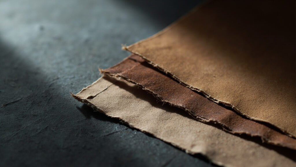 Échantillon de cuir recyclé montrant délamination et fissure au pli.