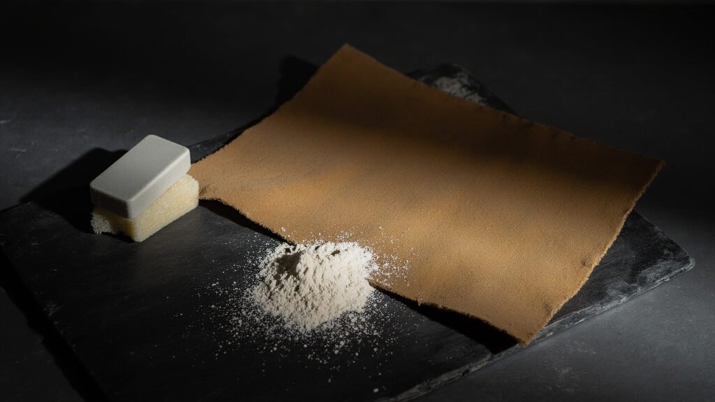 Échantillon de daim camel avec poudre absorbante et gomme.