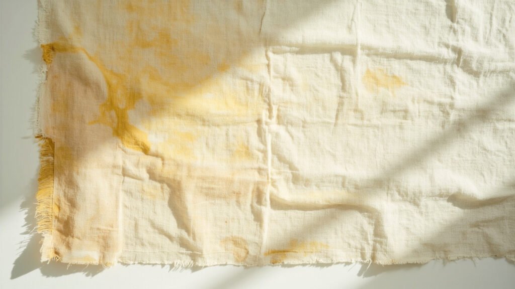 Échantillon de lin jauni et effiloché illustrant un mauvais entretien.