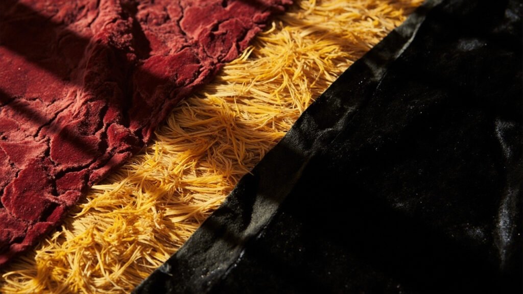 Échantillons contrastés : velours baroque, shag seventies, panne noir.