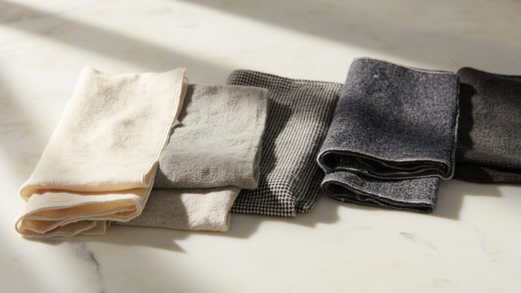 Échantillons de cachemire pliés en dégradé, du tissage léger au drap épais.