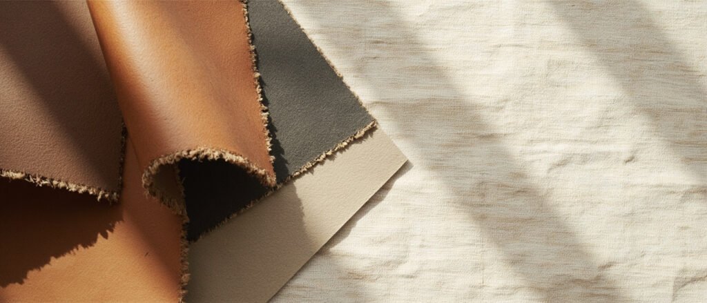Échantillons de cuir recyclé en cognac, charbon et taupe sur lin brut.