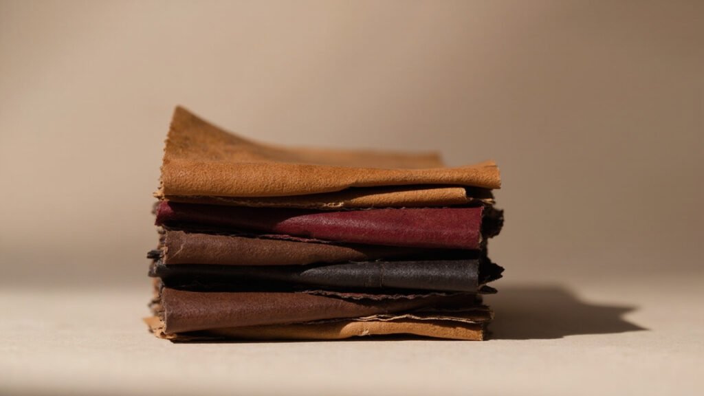 Échantillons de cuir superposés, tranches visibles, teintes fauve à bordeaux.