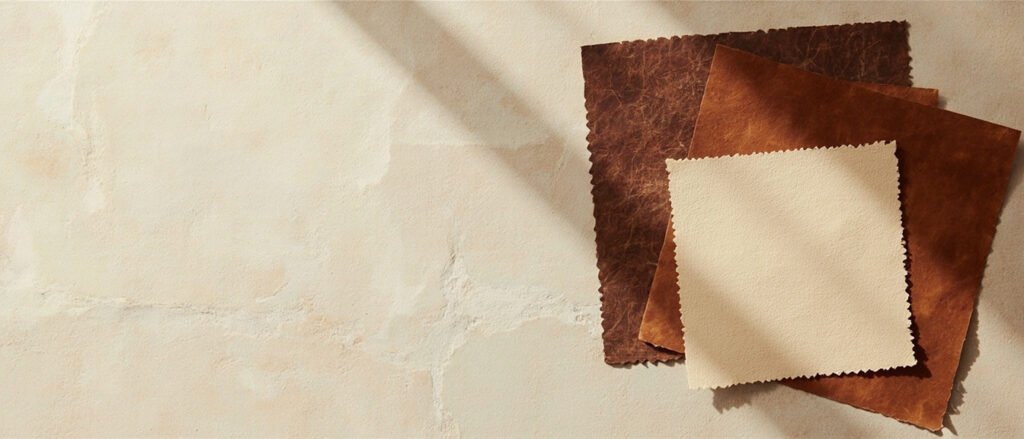 Échantillons de cuir variés — grainé, lisse, nubuck — sur pierre claire.