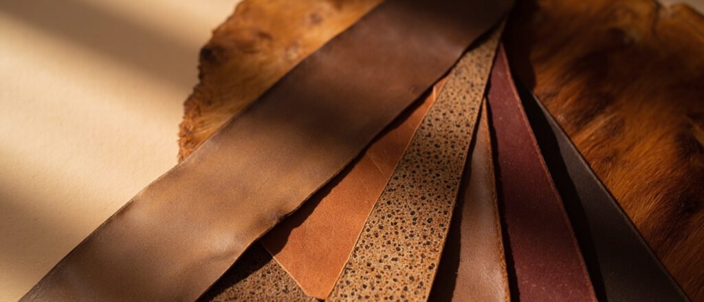 Échantillons de cuir véritable en éventail, tranches fibreuses, tons cognac.