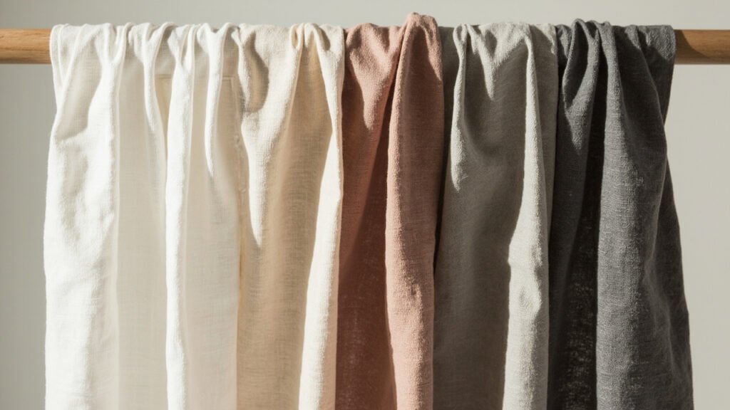Échantillons de lin drapés en blanc, écru, argile et gris.