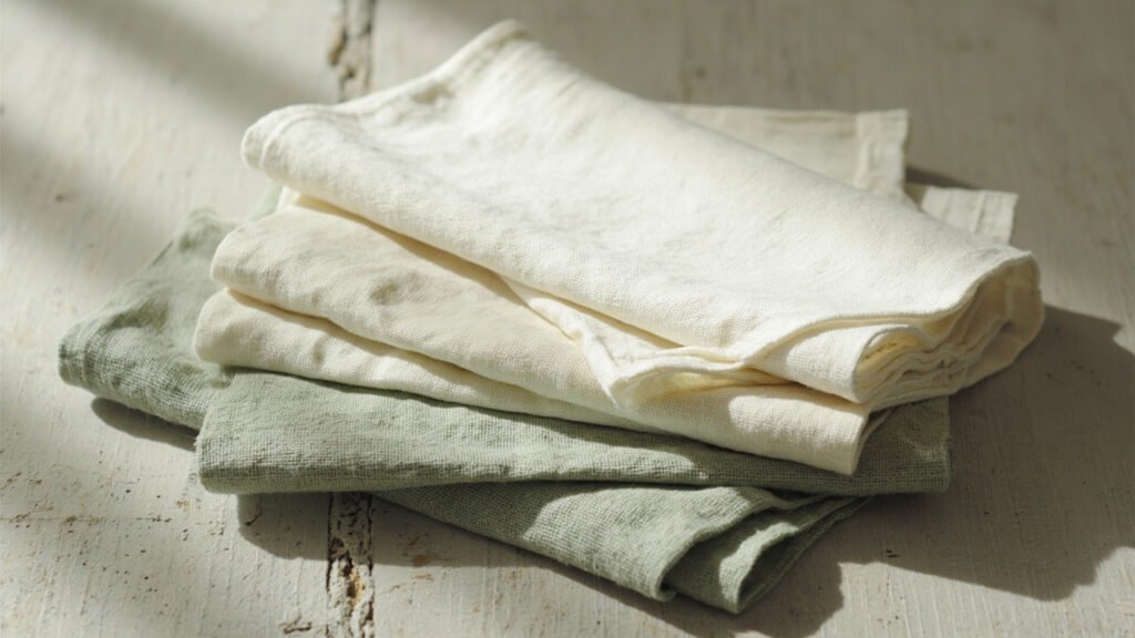 Échantillons de lin écru, blanc et vert sauge