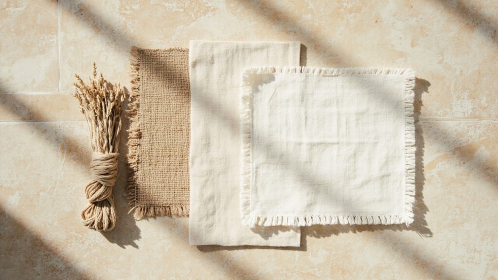 Échantillons de lin : fibres brutes, toile rustique et lin fin.
