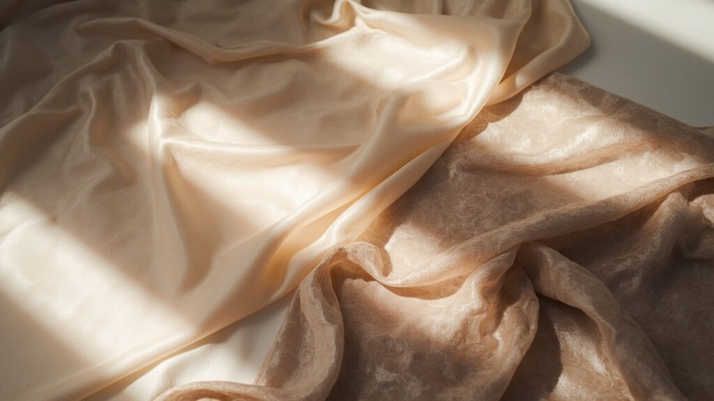 Échantillons de satin alignés, lumière rasante révélant densité et lustre.
