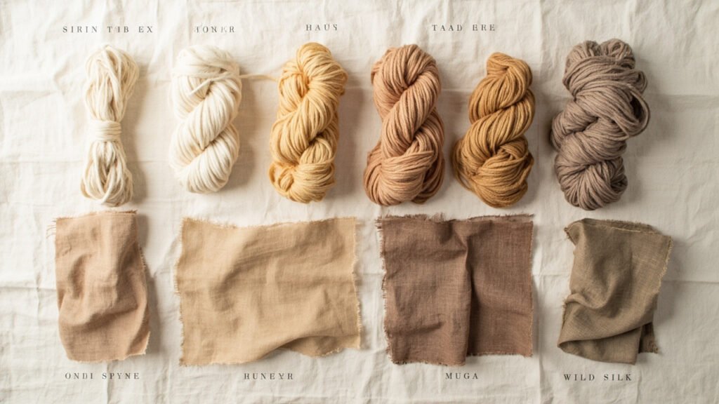 Échantillons de soie : fibre, fil et tissu de quatre variétés.
