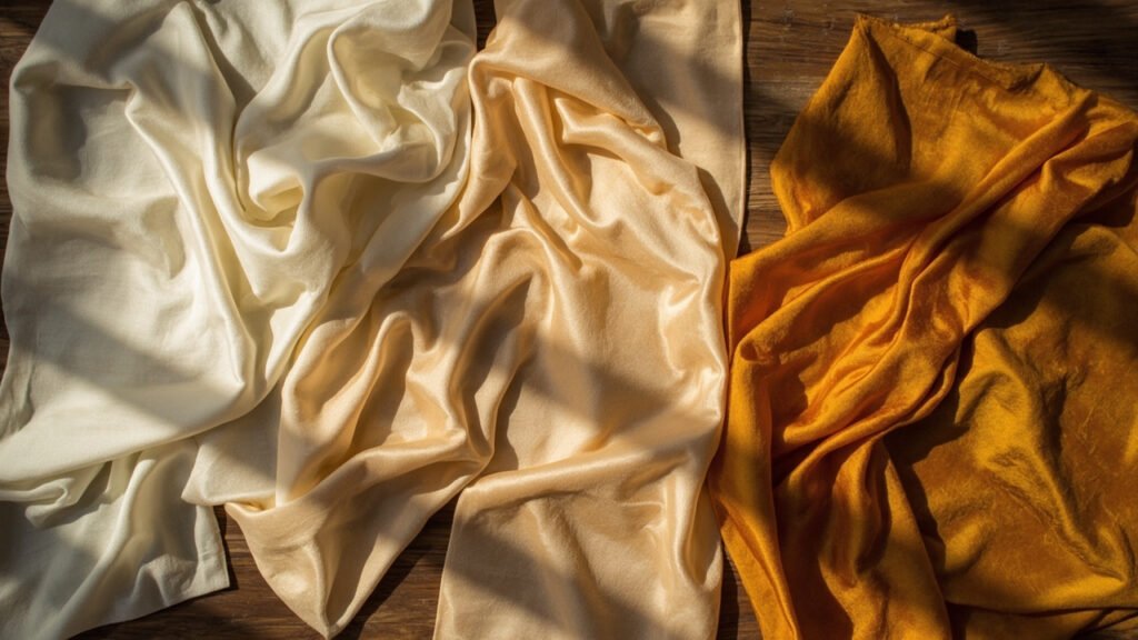 Échantillons de soie mûrier, tussah, éri et muga drapés sur noyer.
