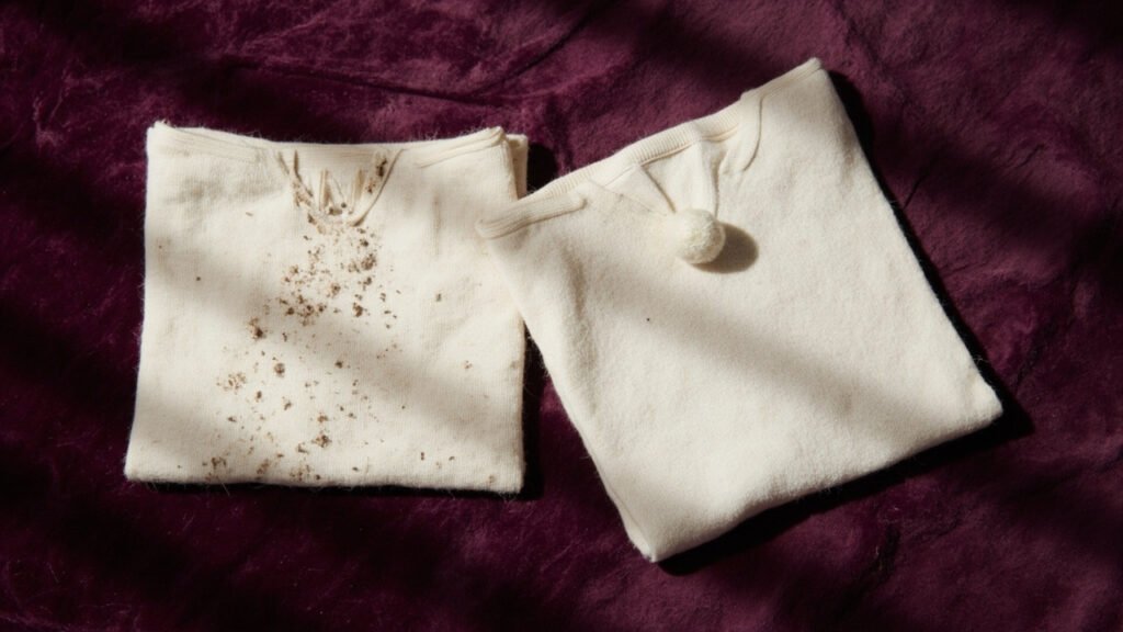 Échantillons de tricot, l'un bouloché, l'autre intact sur velours.