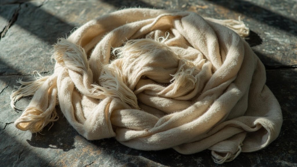 Écharpe cachemire crème usée, fibres boulochées sur ardoise.