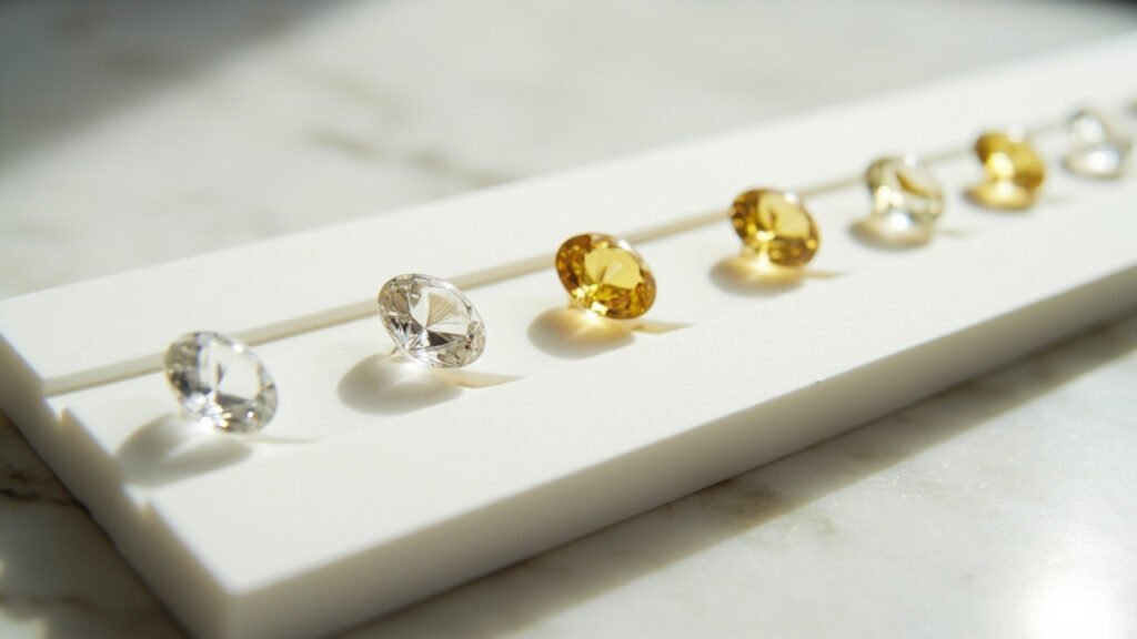 Échelle de référence des couleurs de diamant sur plateau blanc.