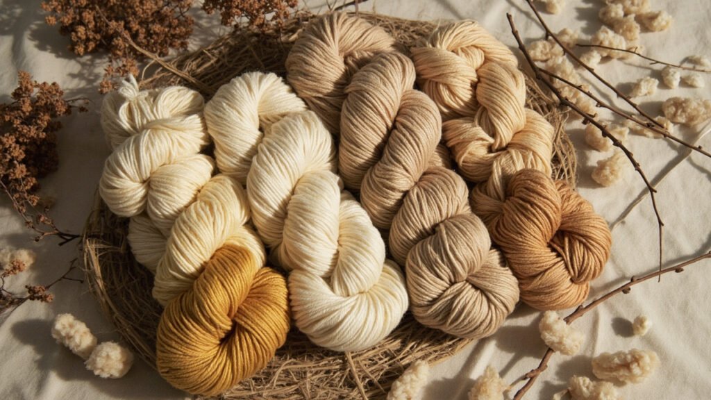 Écheveaux de soie écrue et cocons sur jute brut.