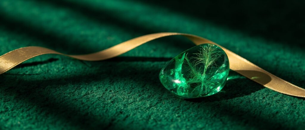 Émeraude lumineuse révélant son jardin d'inclusions sur velours vert et or.