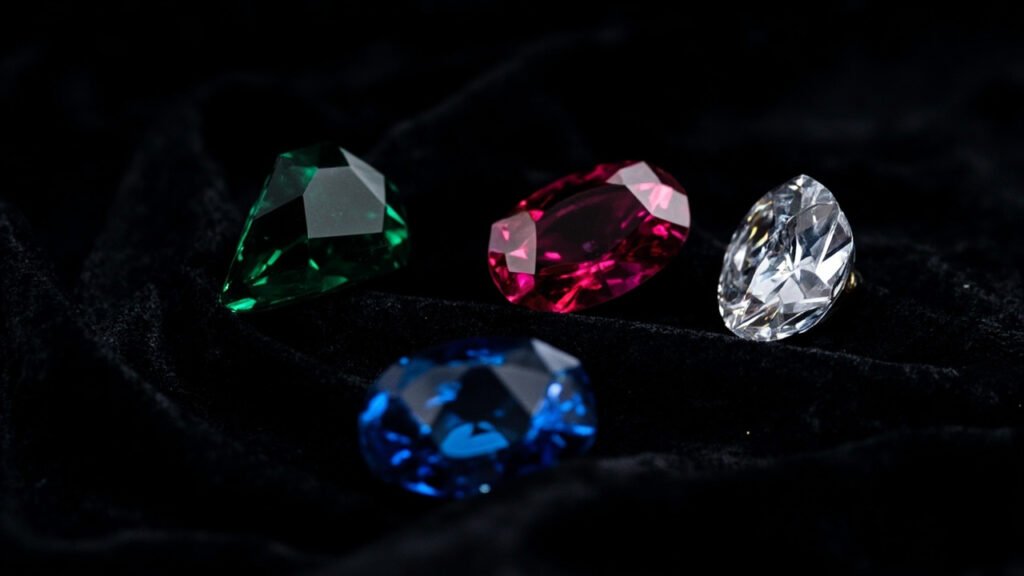 Émeraude, rubis, saphir, diamant sur velours noir.