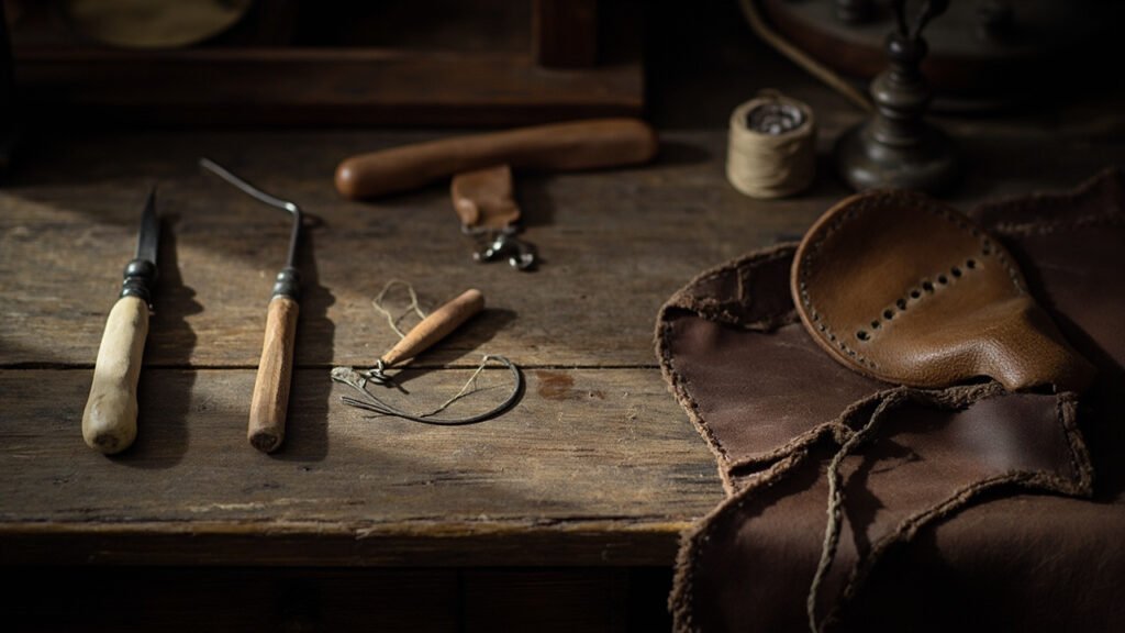 Établi ancien, outils de cuirier et pièce en cours de couture sellier.
