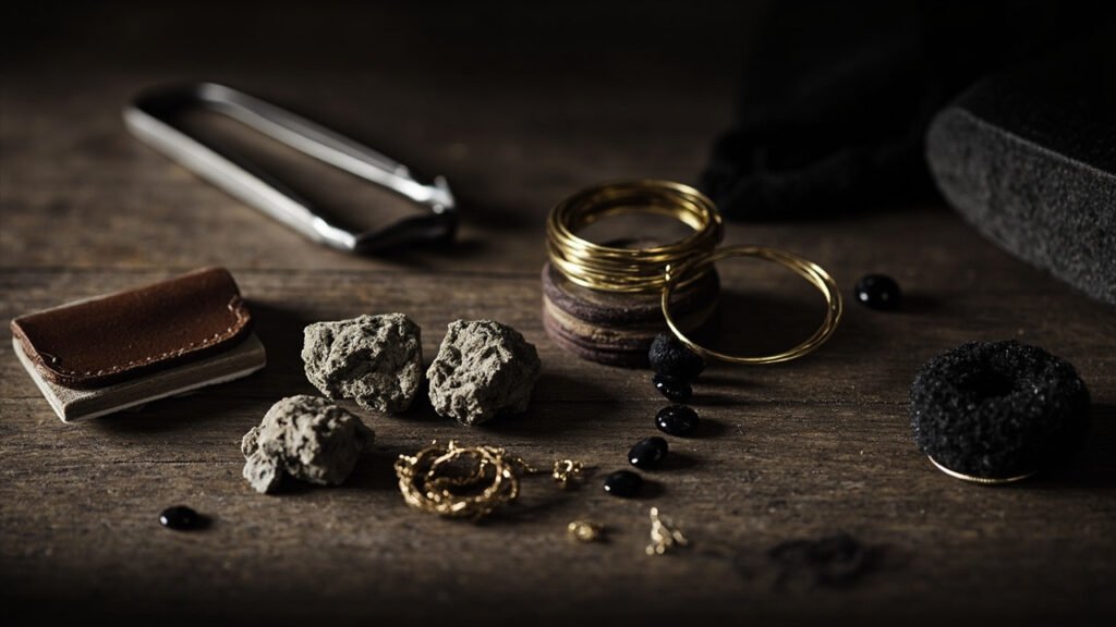 Établi d'artisan avec jais brut, fils d'or et cabochons d'onyx.