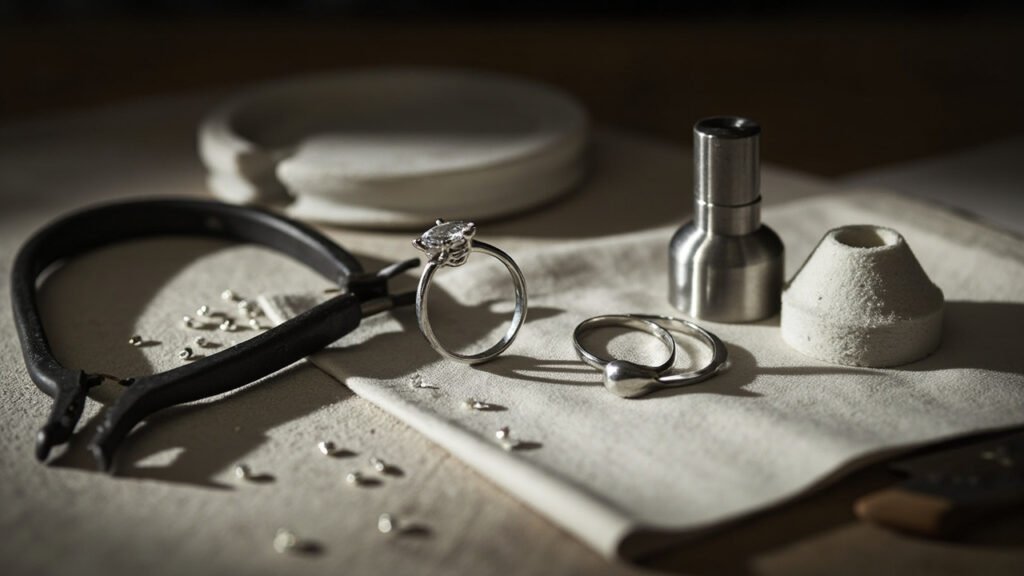 Établi de joaillier avec pinces, mandrin et outils de polissage.