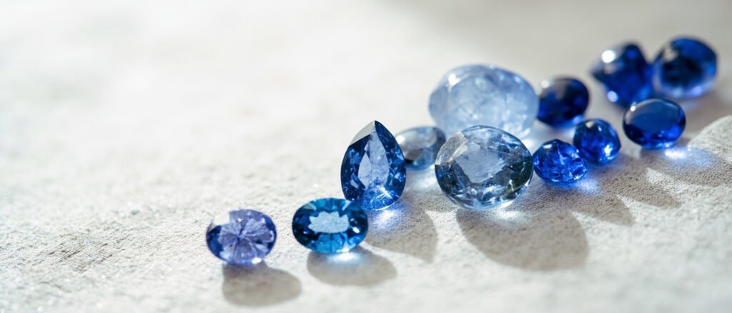 Étalage de saphirs de Ceylan, du cristal brut aux pierres facettées bleues.