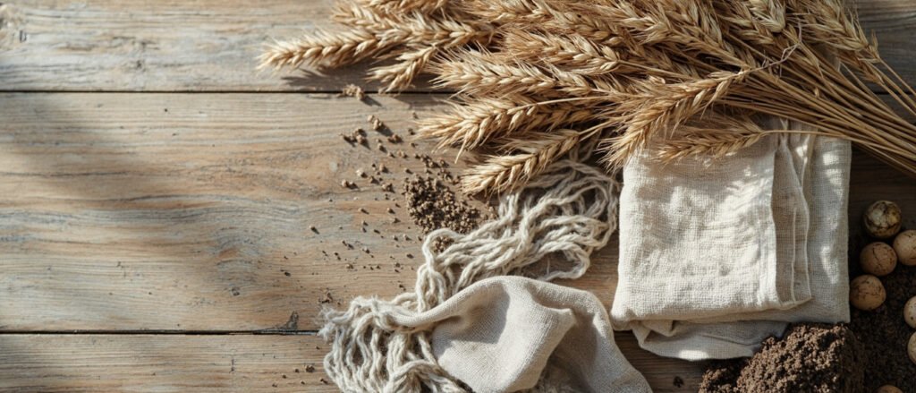 Étalage panoramique de lin brut : tiges séchées, fibres écrues et terre sombre.