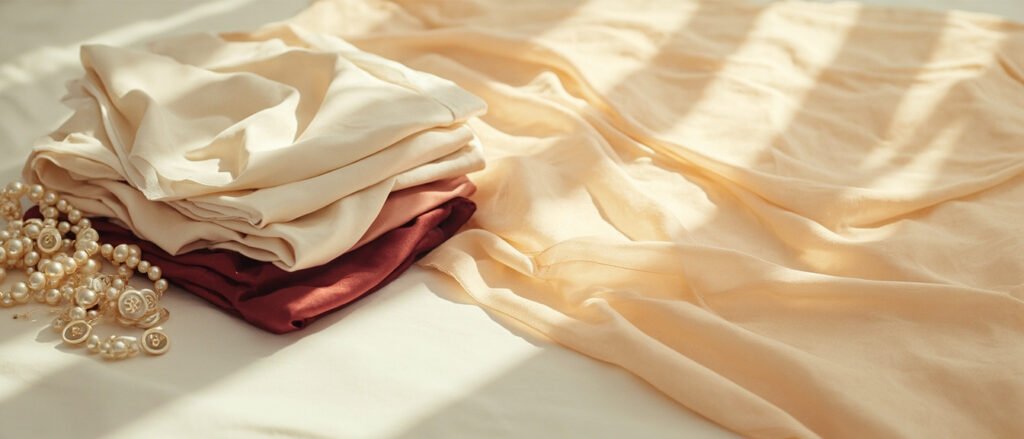 Étalage panoramique de satin champagne, blouses pliées et cocons de soie.