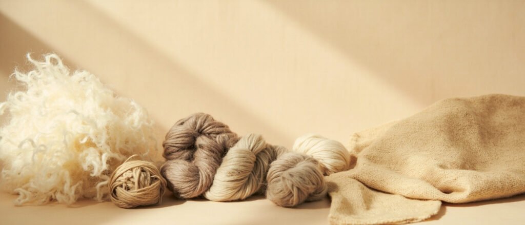 Étapes du cachemire : duvet brut, fibres peignées, fil et tissu.