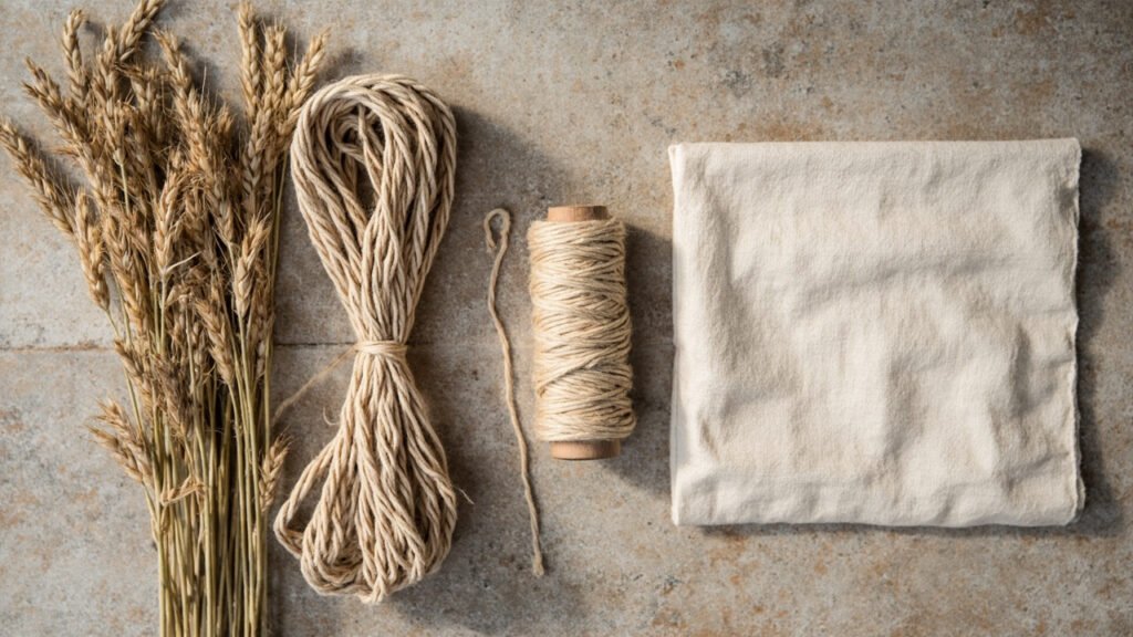 Étapes successives : tiges, fibres, fil et tissu de lin.