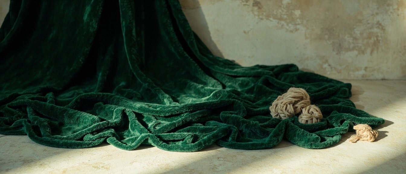 Étoffe de velours recyclé vert, fibres brutes et pelote de fil