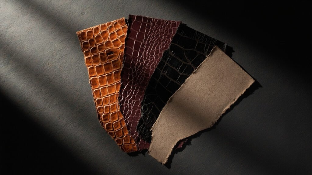Éventail de cuirs précieux : crocodile, alligator, box-calf et nubuck.