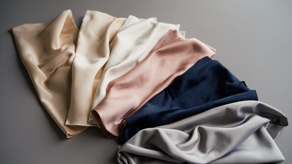 Éventail d'échantillons de satin colorés sur fond ardoise mat.