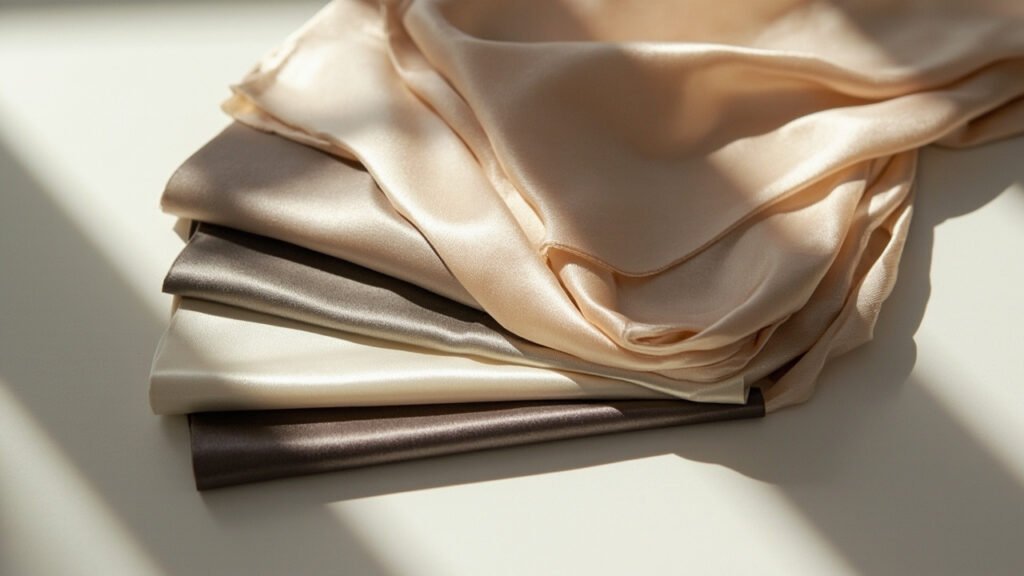 Éventail d'échantillons de satin de soie : 4-satin, charmeuse, 8-satin, crêpe.