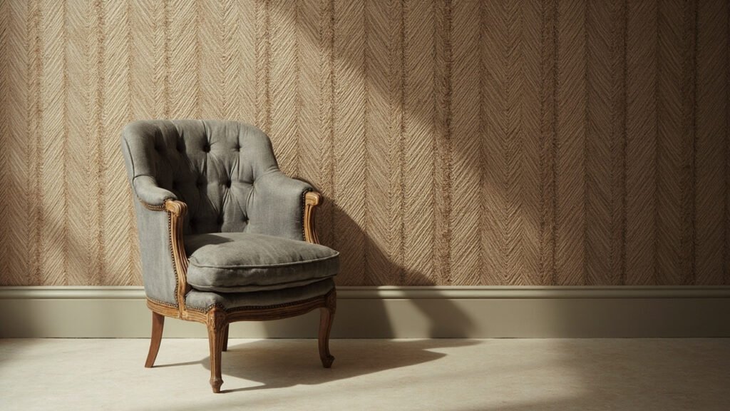 Fauteuil ancien tapissé de lin gris ardoise devant panneau mural tissé.