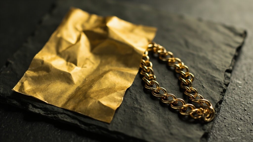 Feuille d'or froissée près d'une chaîne rigide en or sur ardoise.