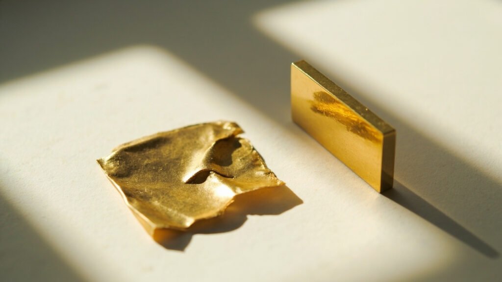 Feuille d'or pur froissée et barre d'alliage rigide.
