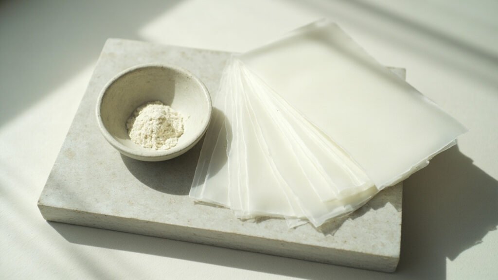 Feuilles de fibroine blanche et poudre de soie biotechnologique