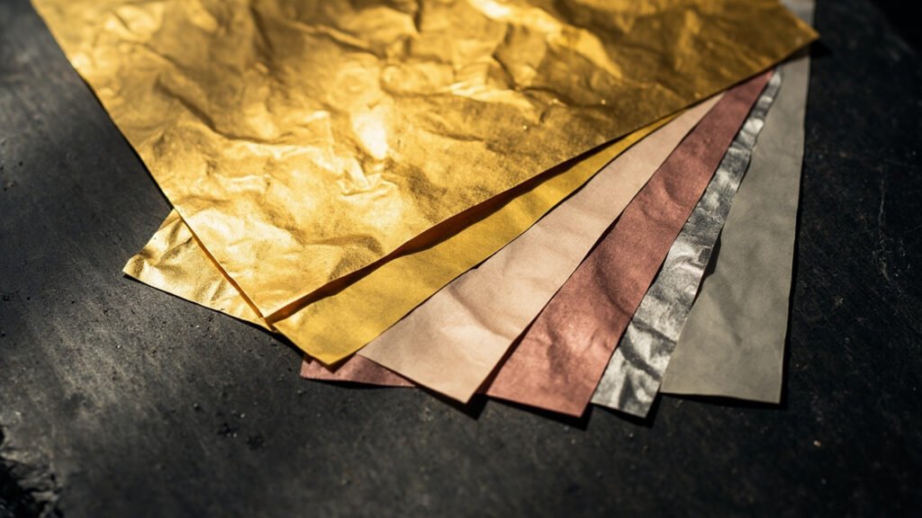 Feuilles d'or martelé en différents alliages sur ardoise noire