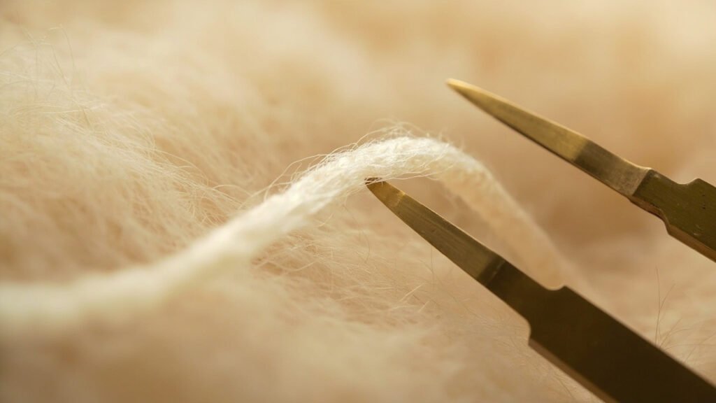 Fibre de cachemire unique mesurée au calibre, sur duvet brut.