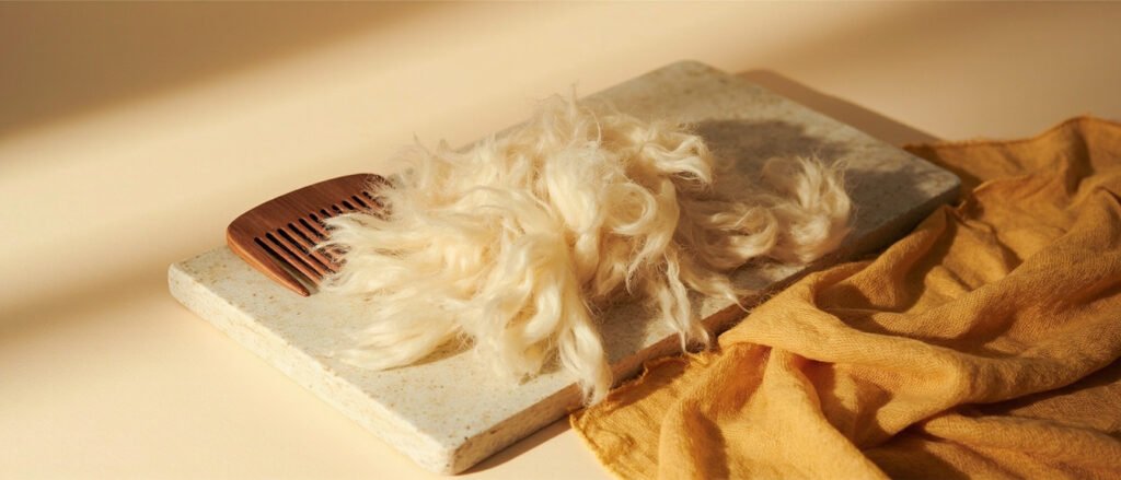 Fibres brutes de cachemire, peigne en bois, tissu safran.